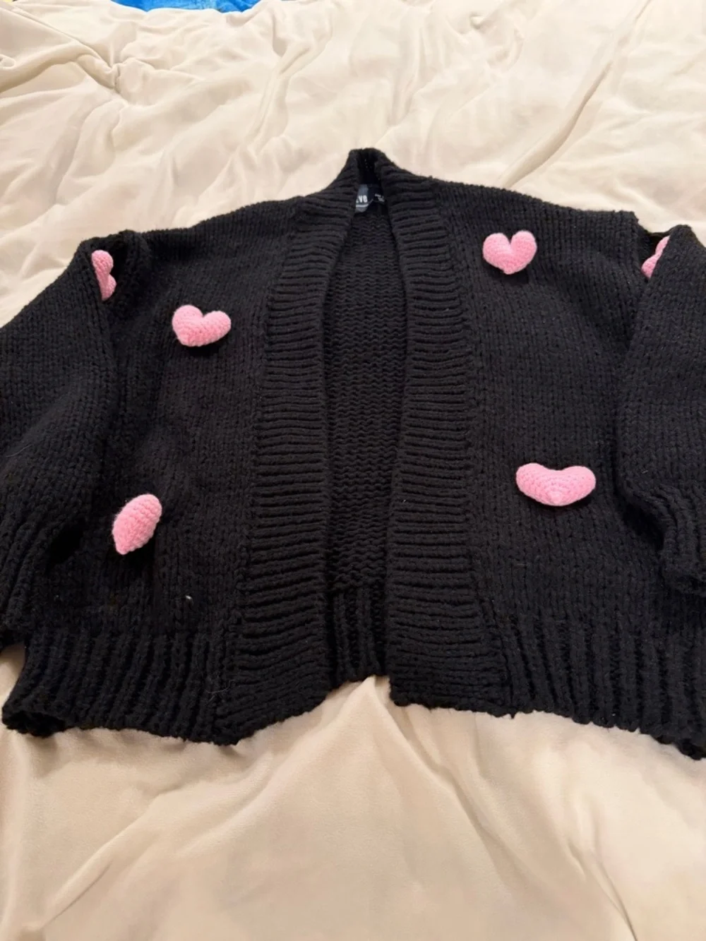 Anthropologie Maeve Susanah 3D Black Cardigan with Pink Heart Appliqués One Size